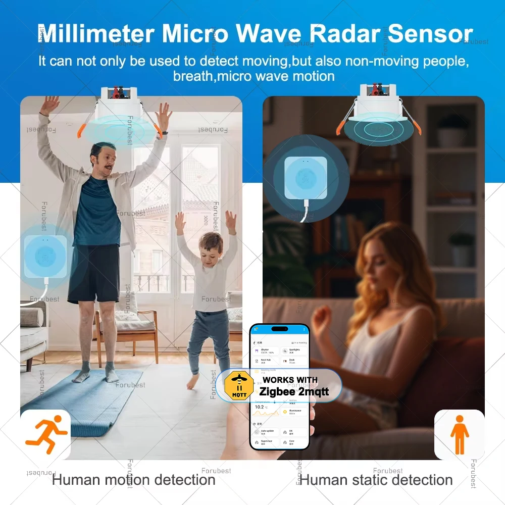 Zigbee 3.0 Sensor Kehadiran Manusia 24G Radar Mmwave Detektor dengan Pencahayaan Deteksi Jarak Sensor Gerak Mendukung Zigbee2mqtt