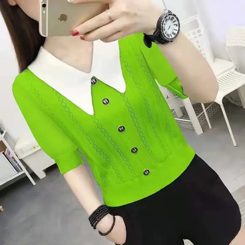 2024 Women Korean loose slim short top Ice Silk Short-sleeved T-shirt Female Summer Black White Color Doll Collar Thin Sweater