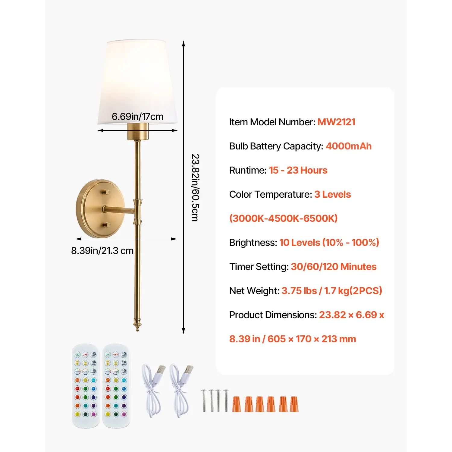 Battery Operated Wall Sconce Set of 2, 4000mAh Rechargeable Wireless Wall Lights with Remote Control, 30 Lighting Modes, 12 RGB Colors & Timer, Dimmable Wall Lamp for Living Room Bedroom Hallway