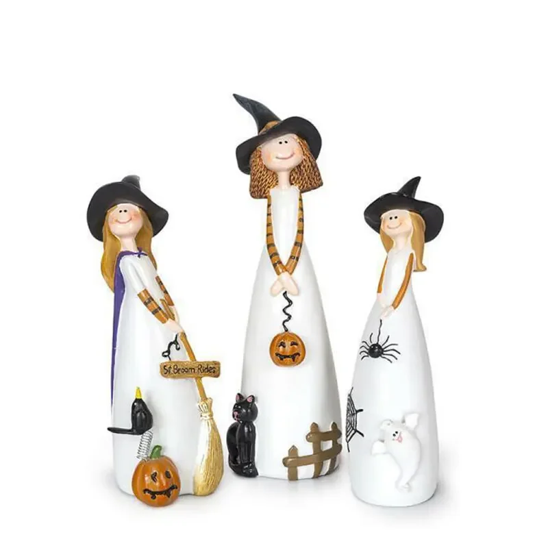 

Witch Statue Resin Ornament Witch with Black Cat Pumpkin Ghost Figurine Garden Statue Craft Gift Halloween Decoration