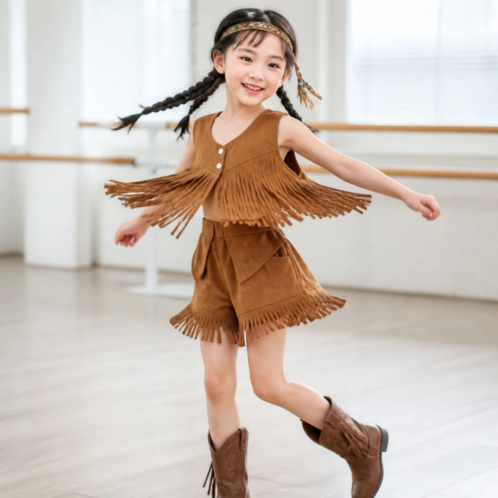 Western Fringe Vest Costume Set Lightweight Kids Western Dress-up Set Fringed Dance Costume Faux Suede Long-Lasting