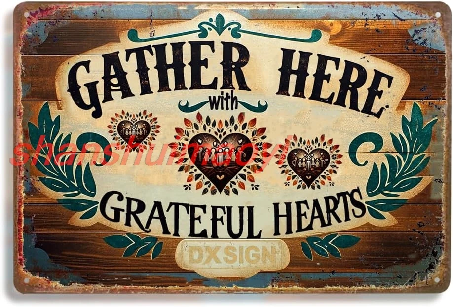 shan age Metal Tin Sign - 'Gather Here with Grateful Hearts' - Rustic Wall Decor for Home, Kitchen, and Dining Room - 12x 1pc