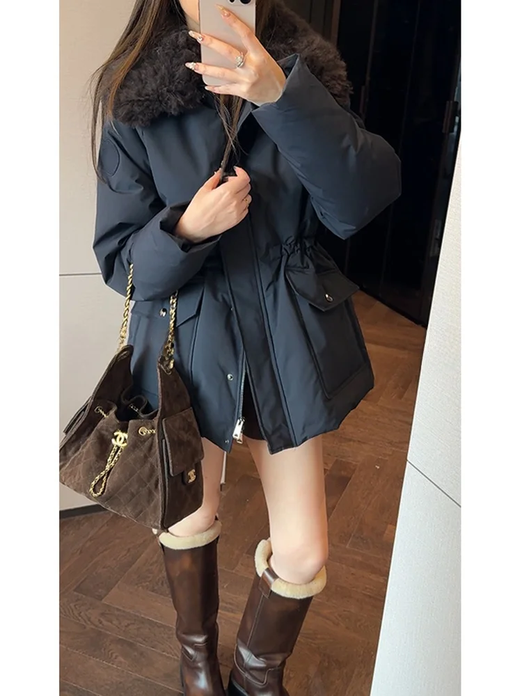 

Mimius Women's Mid-Length down Jaet Coat with Large kets Adjustable Waist Fur Collar Warm Casual Sle White Du down