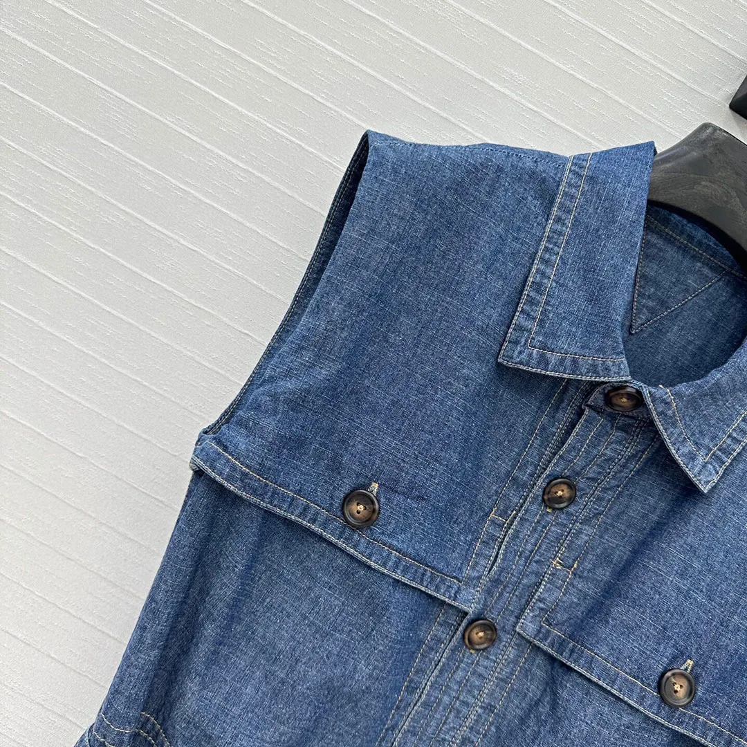 Safari Style Blue Denim Summer Midi Dress Women 2025 New Lapel Sleeveless Pockets High Waist Belt Casual High Street Dresses