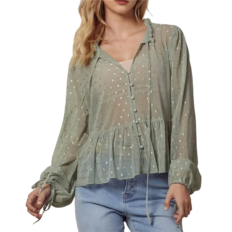 ABP-Blusa de manga larga peplum con volantes delanteros y lazo de lunares de malla transparente para mujer