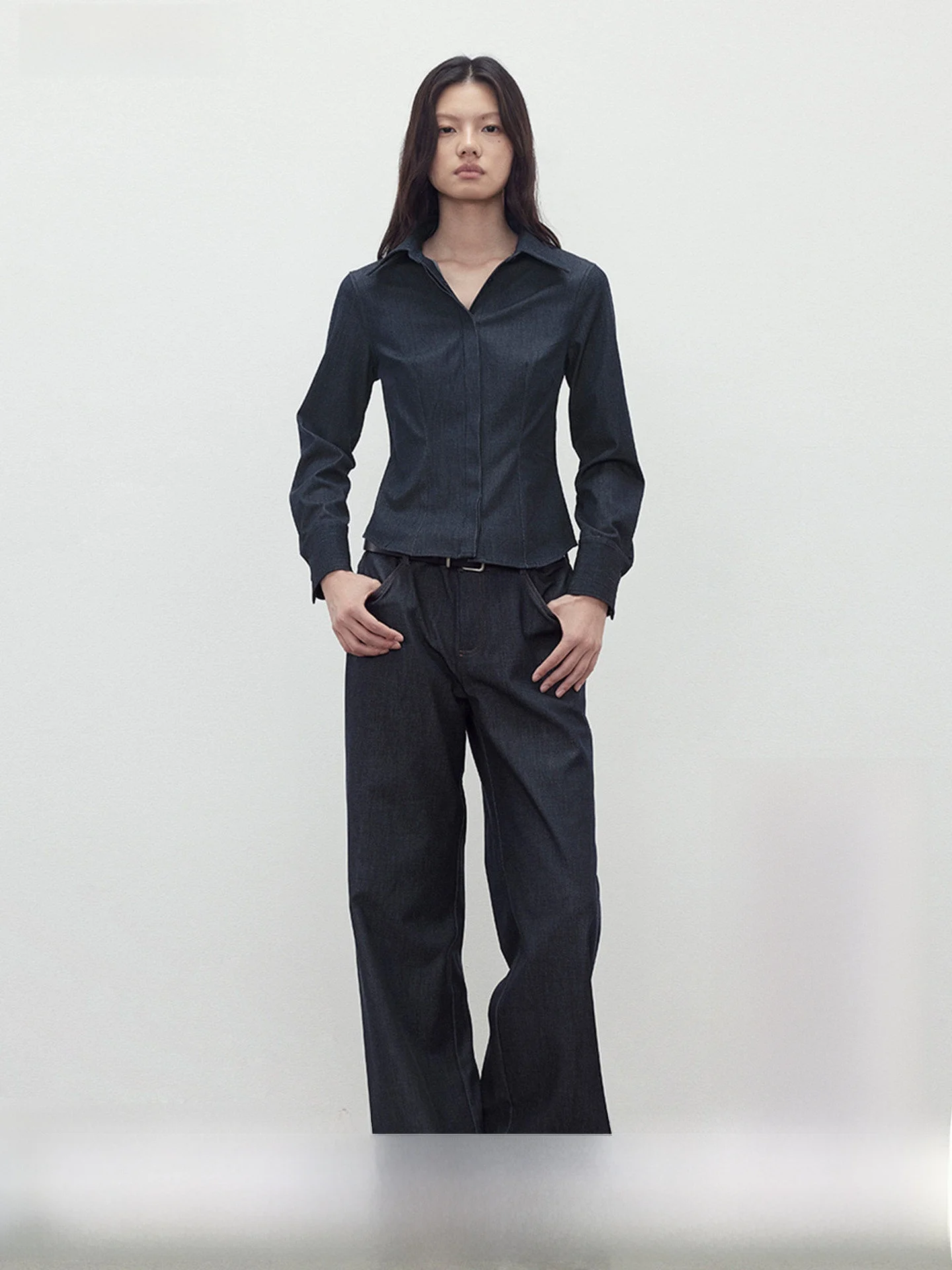 

AFTADAWN Deep Blue Denim Waist-Cinching Slimming Shirt Top Women's Business Casual Fashion Polyester Blend Long Sleeve Neck