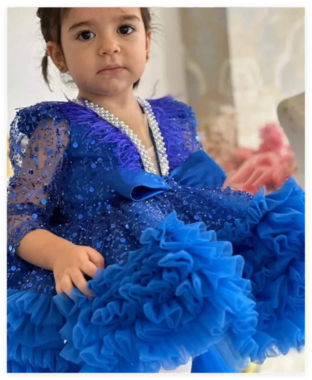 Luxury Royal Blue Flower Girl Dress for Wedding V Neck Full Sleeves Sequins Sparkling Kids Birthday Party First Communion Dress