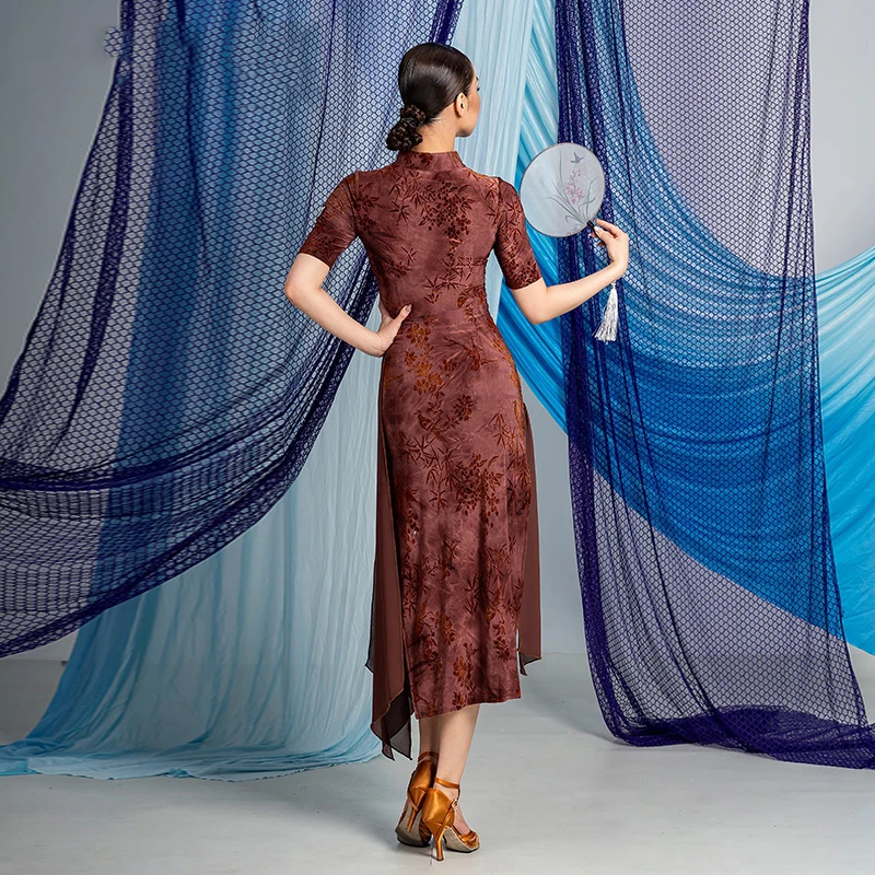 Abito da ballo latino estivo a maniche corte Donna Rumba Tango Sala da ballo Abiti da spettacolo di danza Abbigliamento da pratica latino per adulti DNV23448