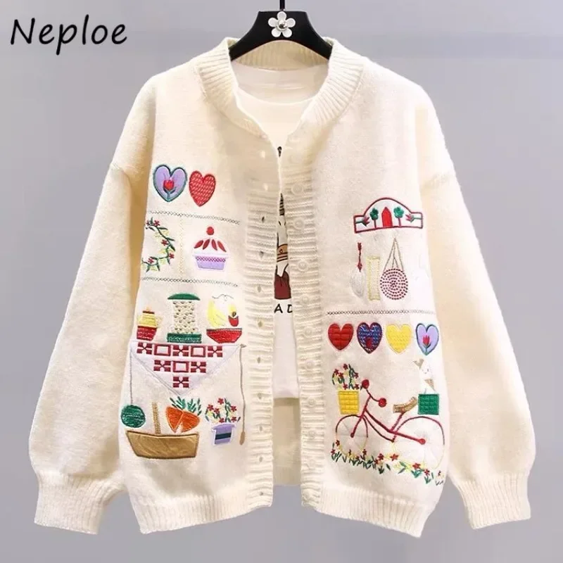 

Neploe Japanese Cartoon Vintage Embroidered Sweater Coats 2024 Autumn Winter Loose College Style Reduced Age Knitted Cardigan