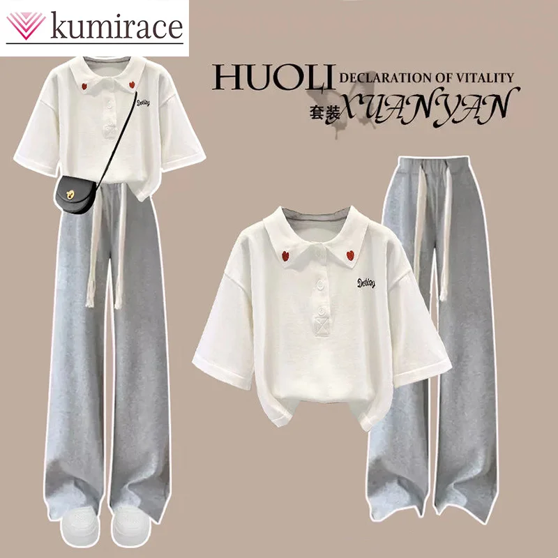 Summer Set Korean Loose Fitting College Style Pure Cotton Polo Neck T-shirt+casual Pants Two-piece Set Trend Y2k Clothes Women