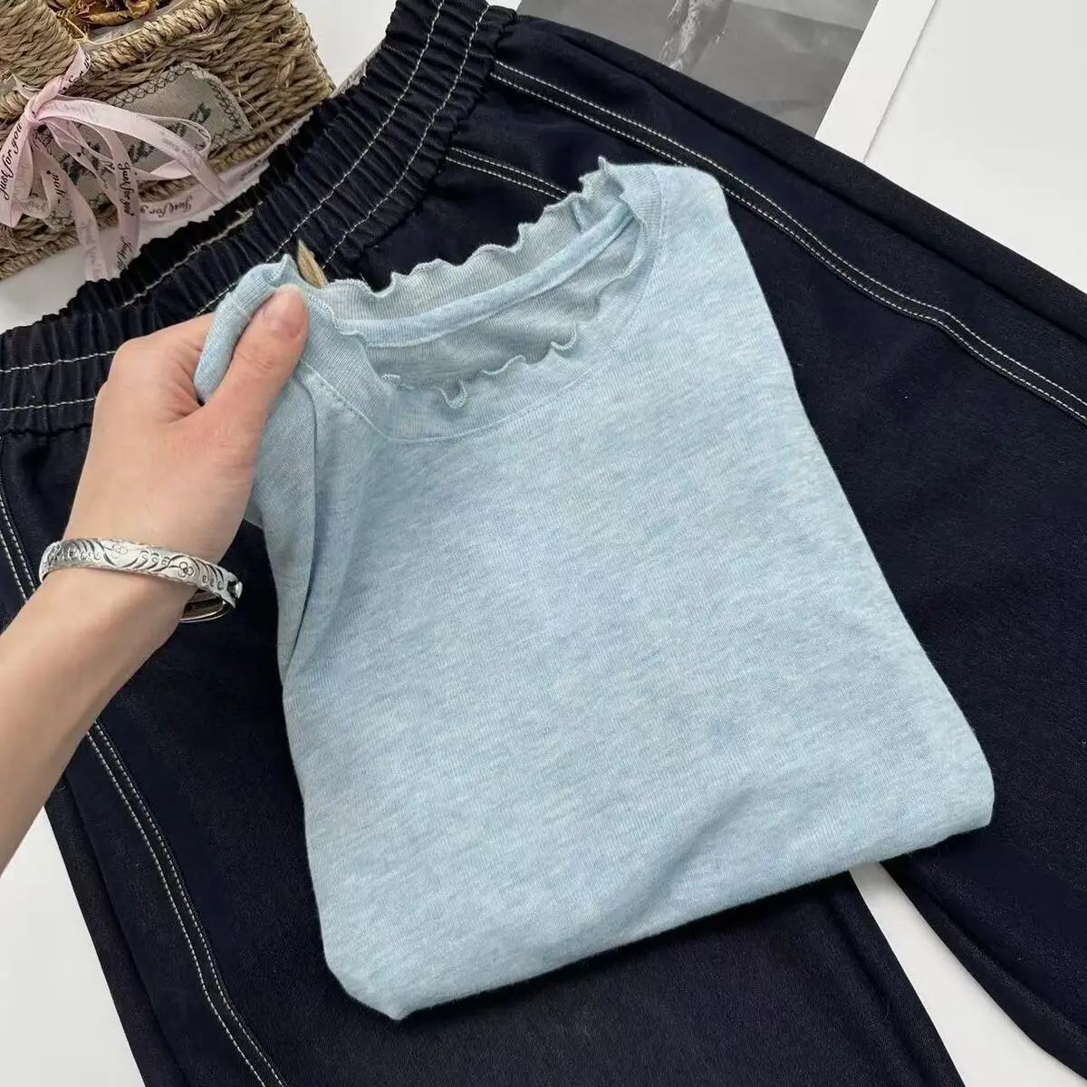 Spring Summer White T-shirt Loose Fit Petal Sleeve Cover-up Female Chic Fungus Neck Tees Tops See Through Korean Lady T Shirt