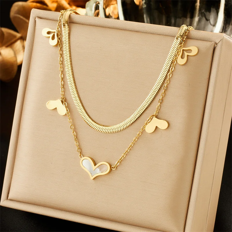 

18K Gold Double Layer Herringbone & Heart Shell Pendant Necklace 316L Stainless Steel Women Sweet Jewelry