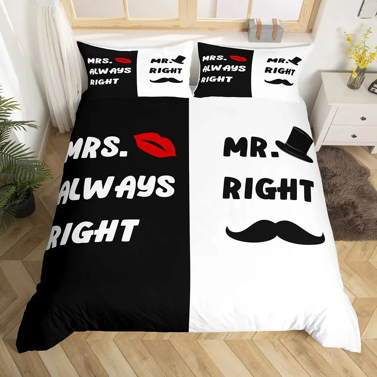 Juego de Ropa de Cama con Funda de Edredón King y Queen en Blanco y Negro para Parejas, Regalos para el Sr. y la Sra., Funda de Edredón con Labios Rojos, Funda de Edredón Suave de Poliéster