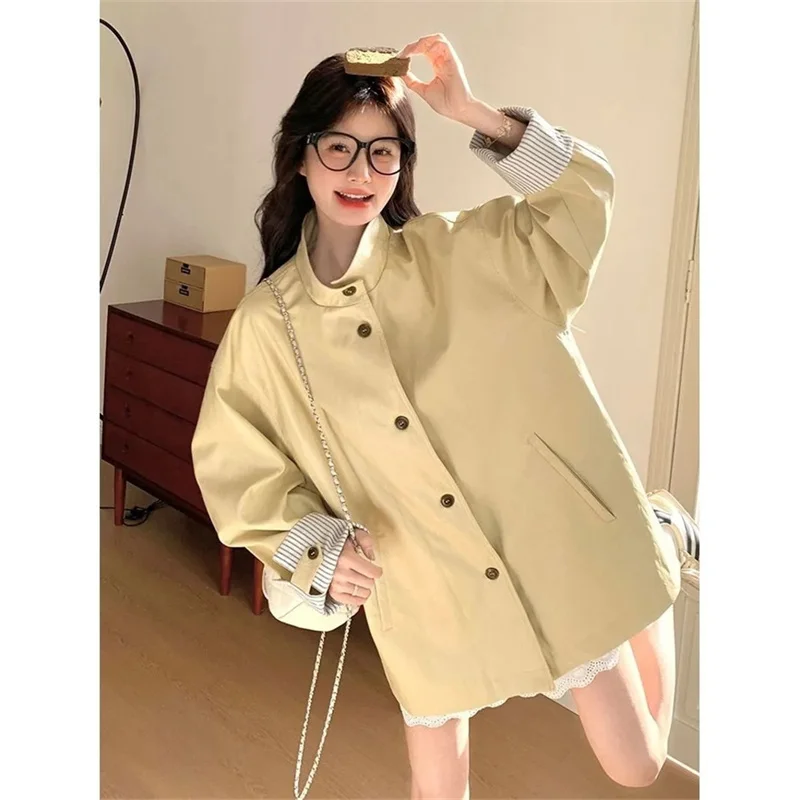 2026 Spring New Milk Yellow H-shaped Windbreaker Women's Korean Style Stand up Collar Medium Long Loose Casual Protein Leather