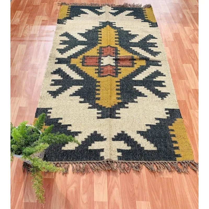 Modern Boho Jute Wool Sumak Rug Hallyway Hand Crafted Flat Weave Carpet