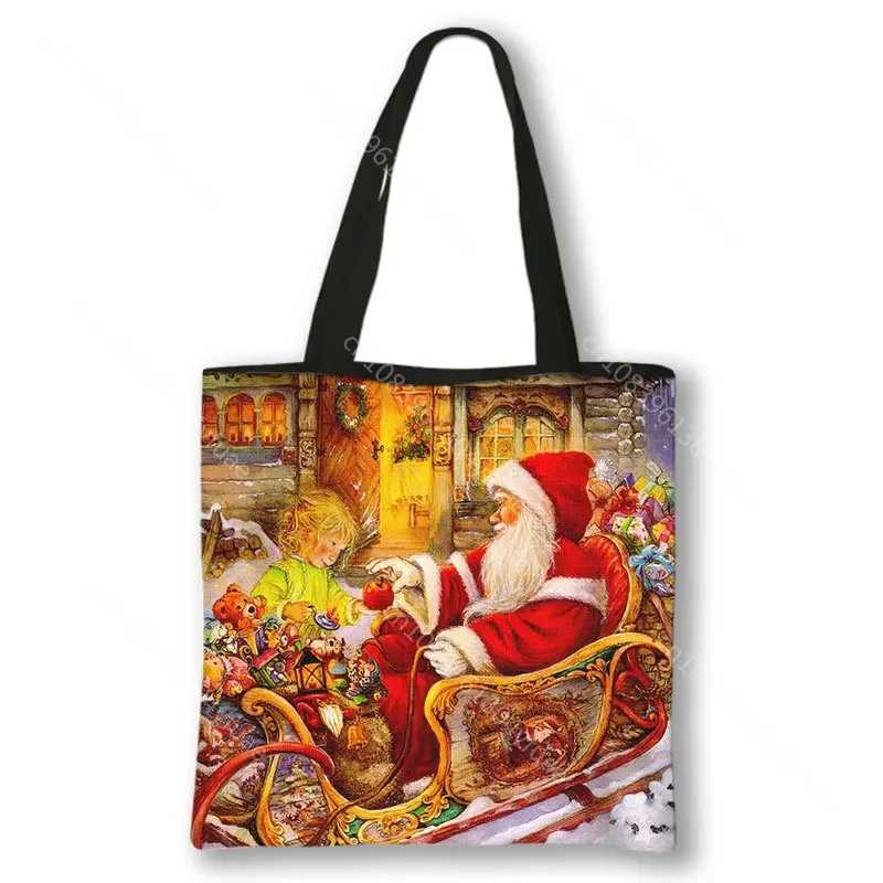 Christmas Gift Tote Bags Merry Christmas Tree Printed  Shopping Bags 2022 New Year Present Candy Packaging Bagsa Girls Handbags