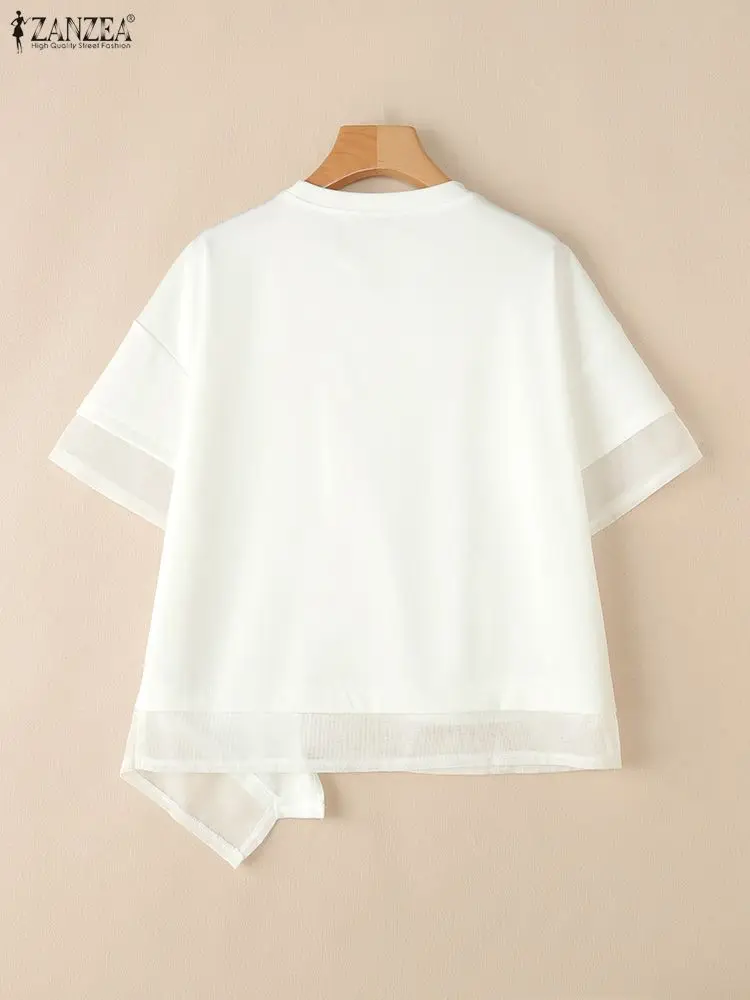 เสื้อเชิ้ตทำงานสไตล์ ZANZEA เสื้อผ้าตาข่ายสำหรับฤดูร้อน เสื้อผู้หญิงลำลอง คอทรงโอ แขนสั้น เสื้อทำงานผู้หญิง เสื้อคลุมทำงาน