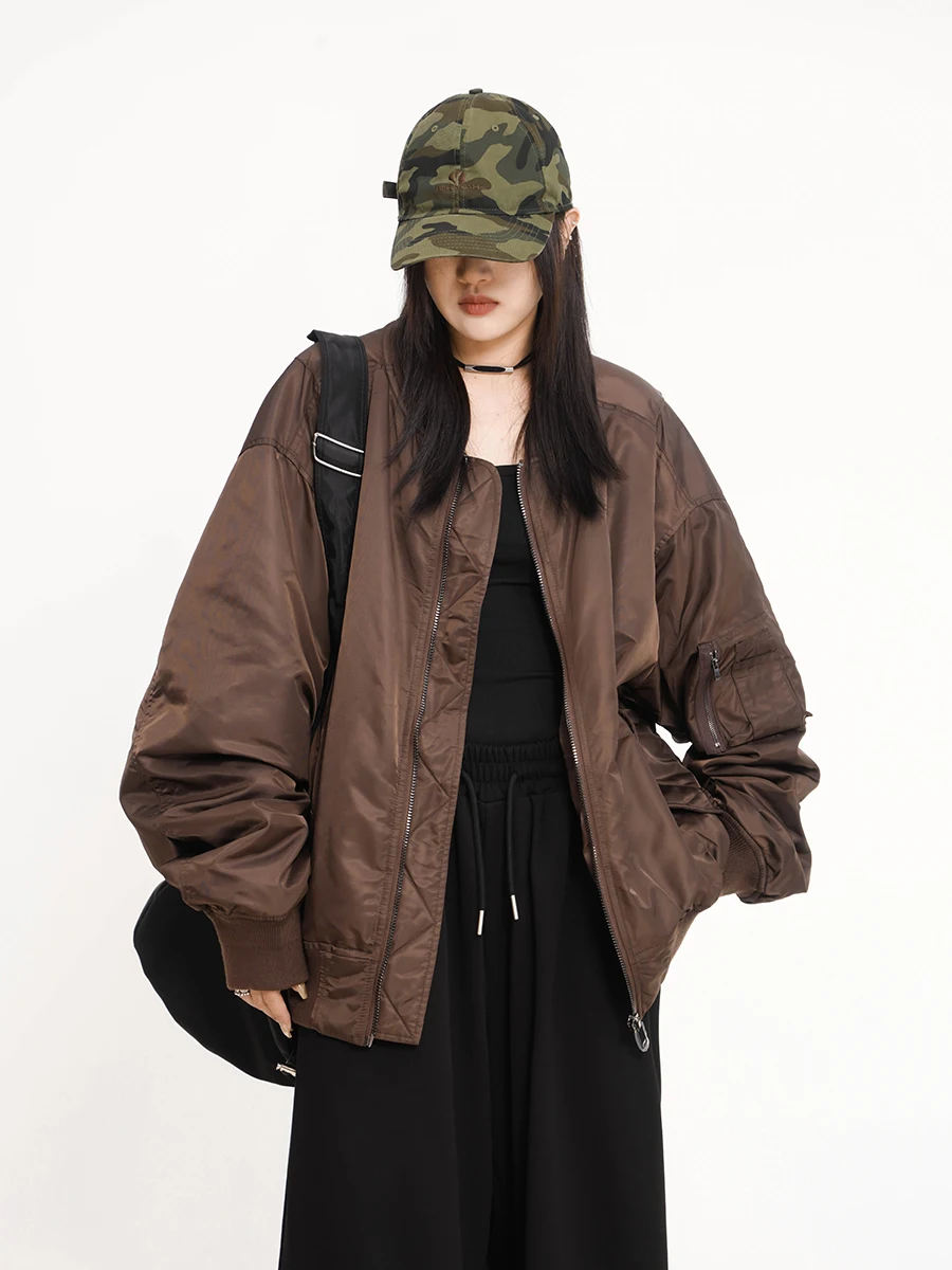 

Women's Oversize Baseball Jaet Flight Coat Cotton Bread Sle Winter New Hip Hop Loose Fit Zipper Closure Streetwear