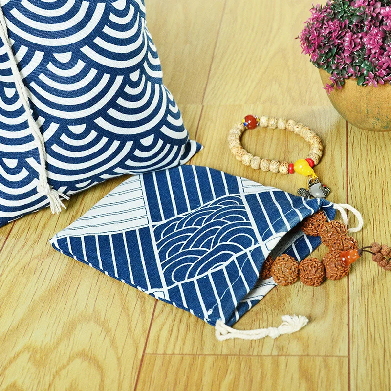 Cute Printed Cotton and Linen Drawstring Pocket Small Cloth Bag Blue and White Porcelain Buggy Bag Travel Gift Storage Bag