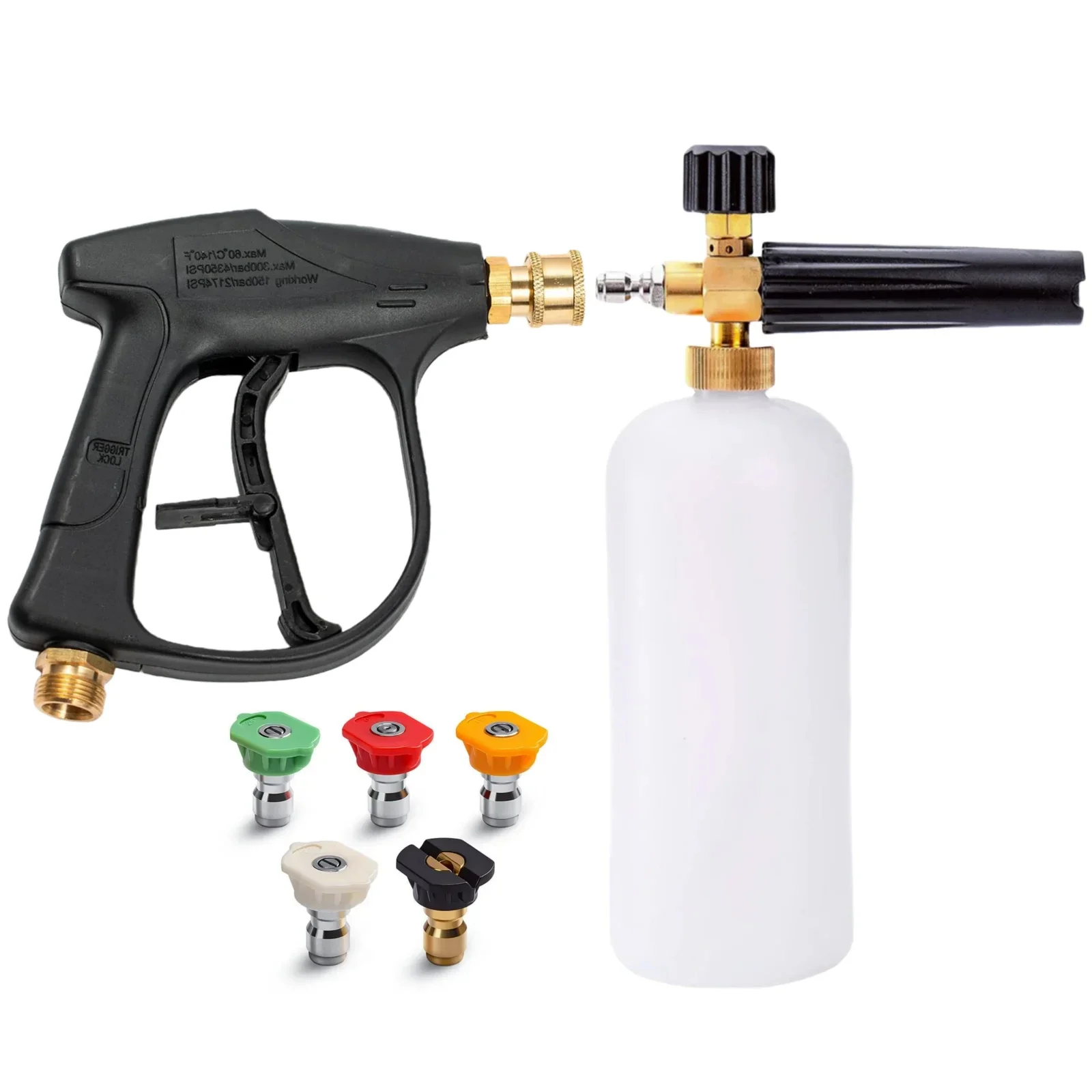 High Pressure Cleaning Supplies 1L Foam Cannon 5 Metal Nozzles M22-14 Car Wash Gun 1/4' Quick Connect Multi-Purpose Cleaning Kit