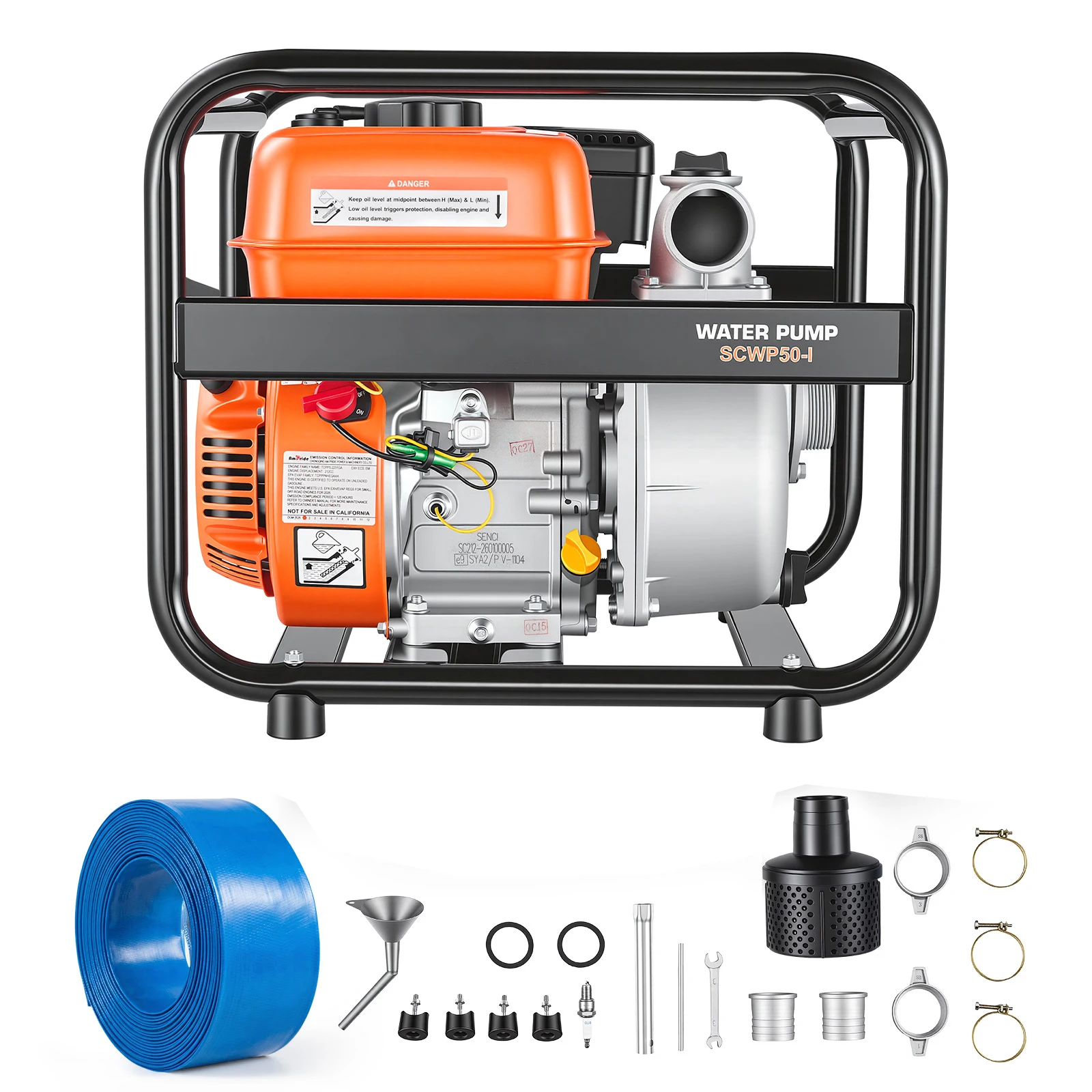 SucceBuy 2 in 128/132 GPM 6/6.5HP Gas Powered Water Pump  Gasoline Engine with 25 ft Discharge Hose for Irrigation Ponds Pools