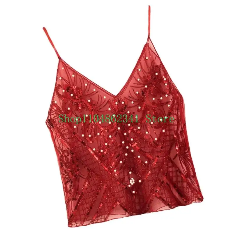 5asd Womens Sparkling Sequins Sheer Mesh Camisole Spaghetti Straps V Neck Crop Top Sleeveless Vest for Cocktails Club