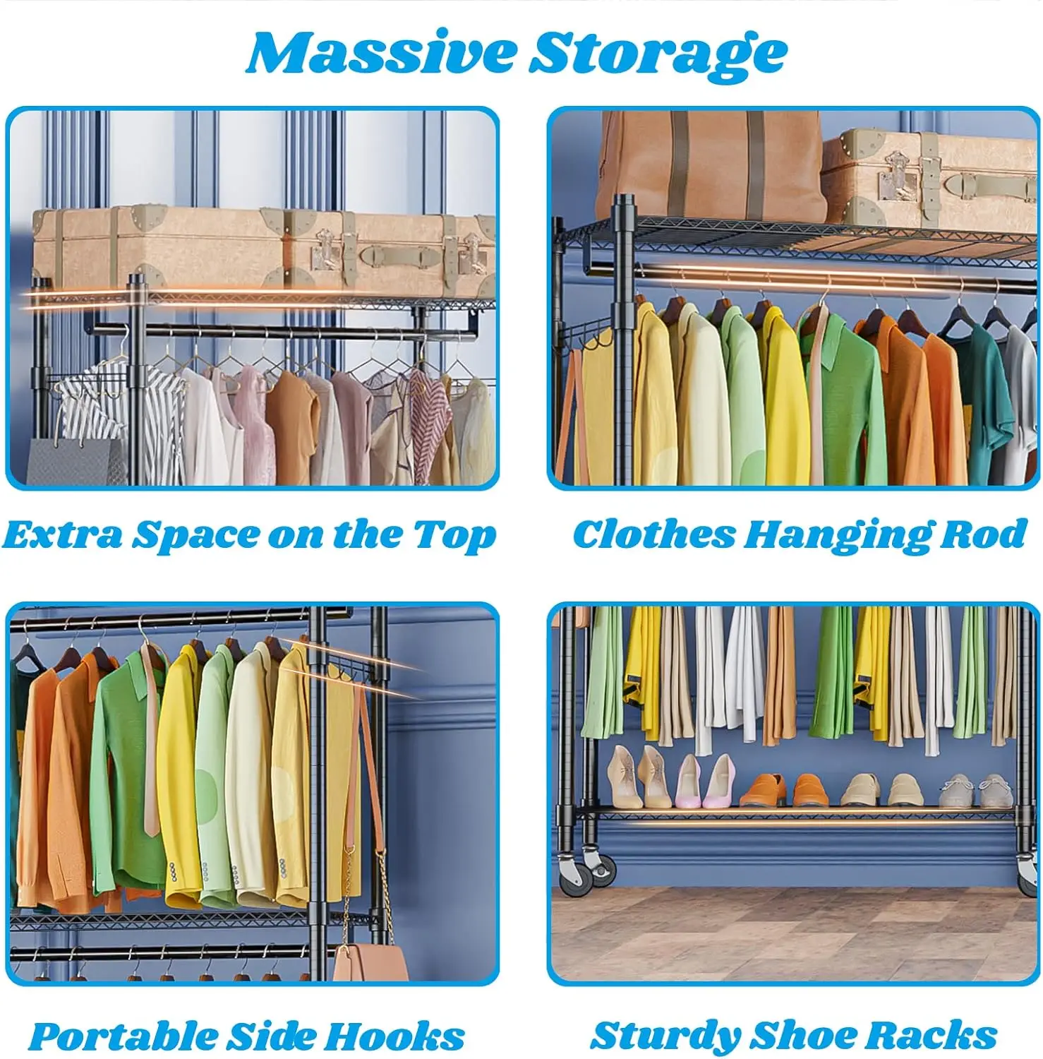 

3-Tier Garment Rack, Heavy Duty Clothing Wire Shelving, Rolling Free Standing Closet with Lockable Wheels, 1 Hanging Rod