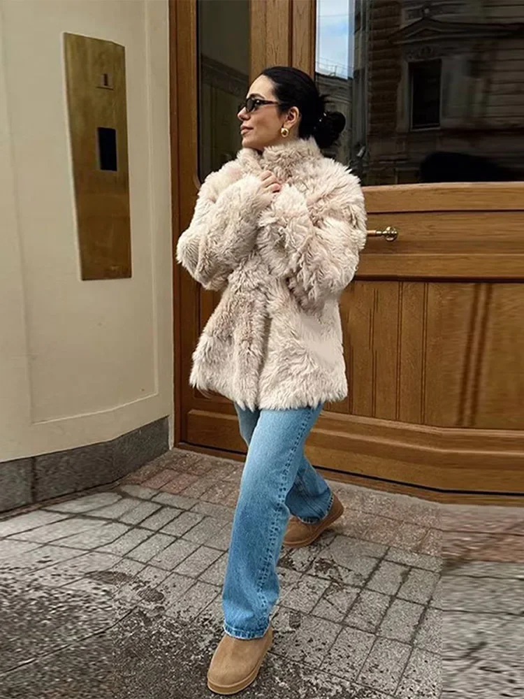 Casual namaakbont effen damesjas zachte enkele rij knopen opstaande kraag zakken vrouwelijke jassen 2025, herfst winter mode dame outwears