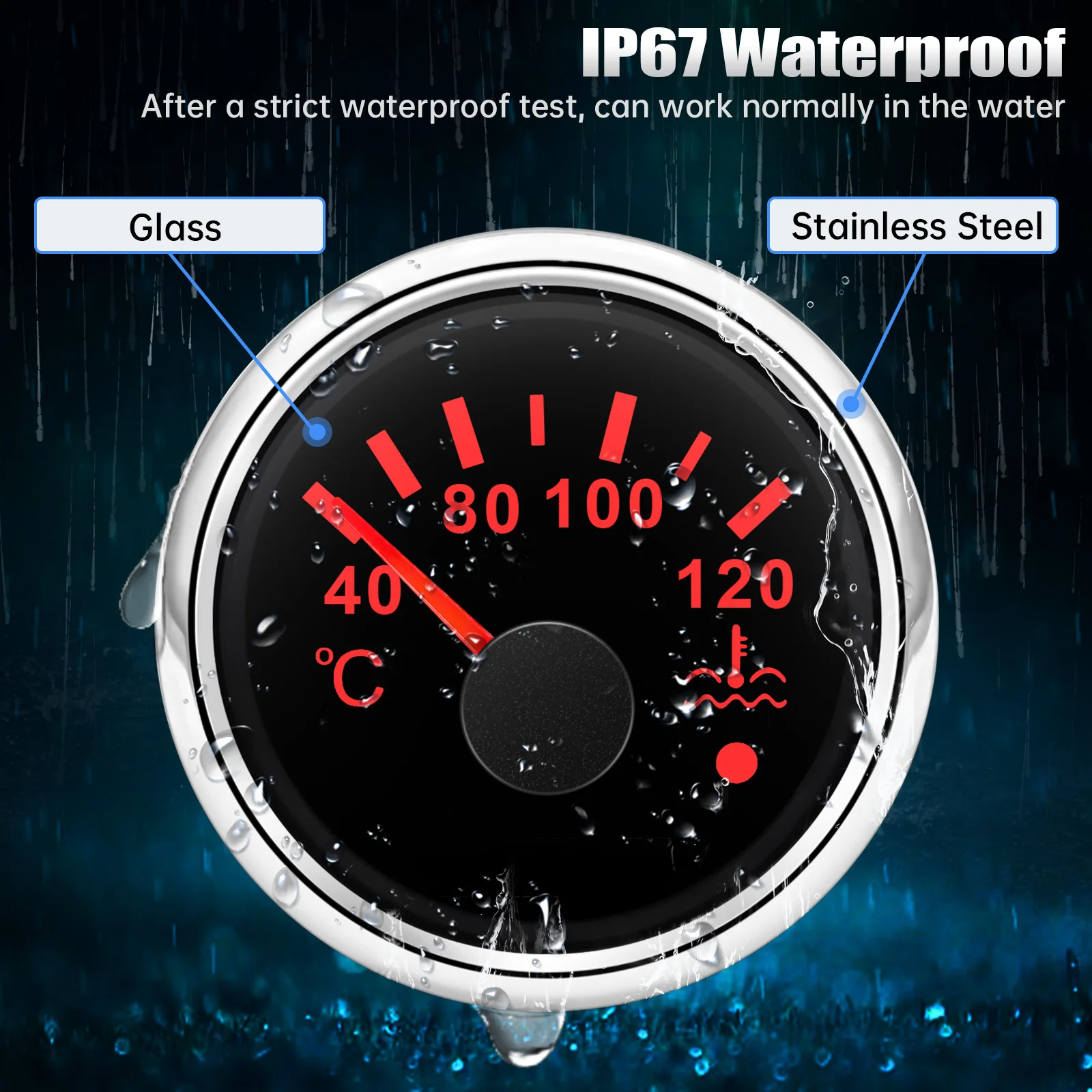 40-120℃ 52mm Water Temperature Gauge with Flashing Alarm Marine Water Temp Meter Indicator 7 Color Light Waterproof for Car Boat
