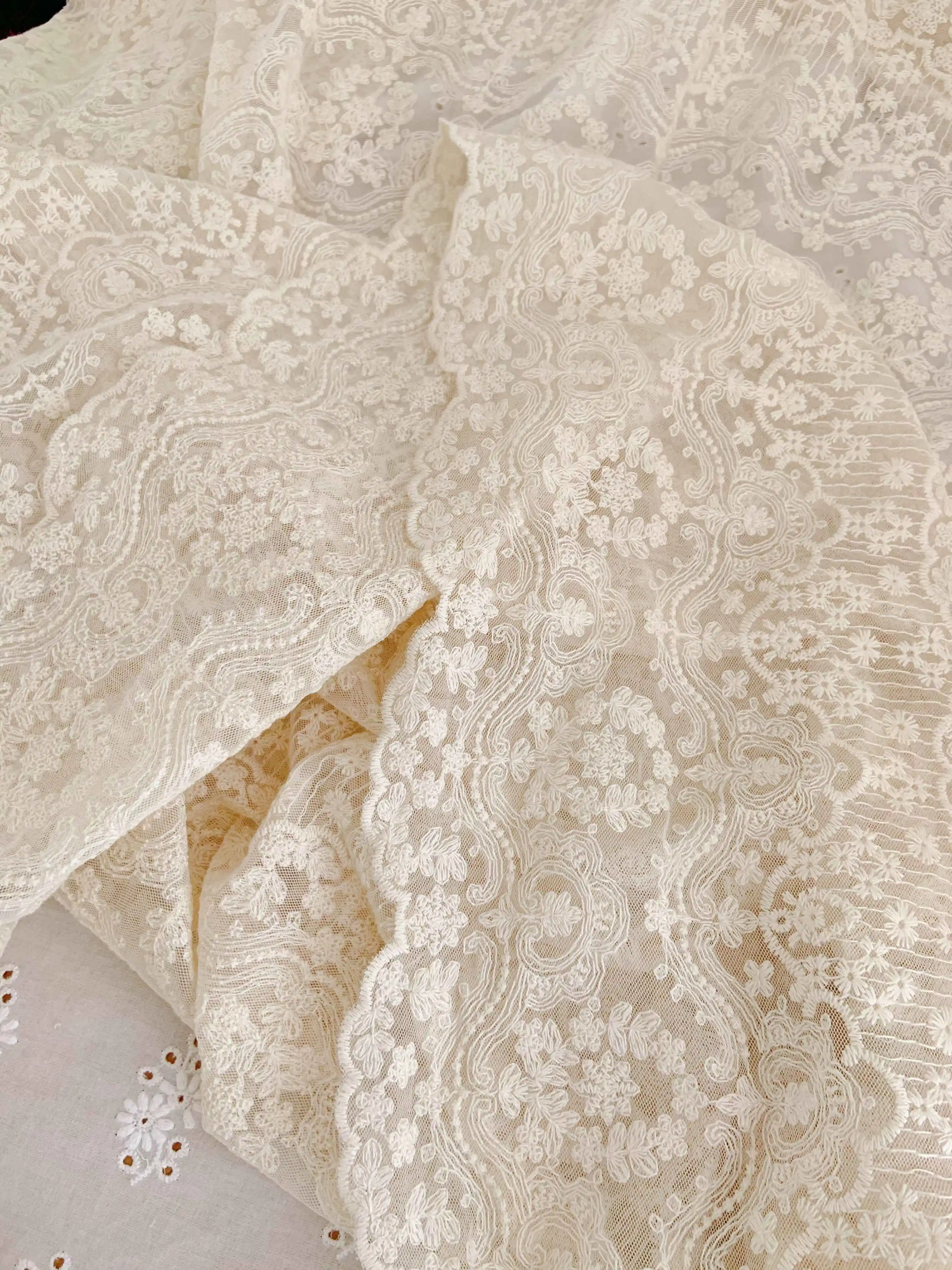 130cm Apricot color cotton thread mesh embroidery lace fabric retro elegant embroidery fabric DIY lace material