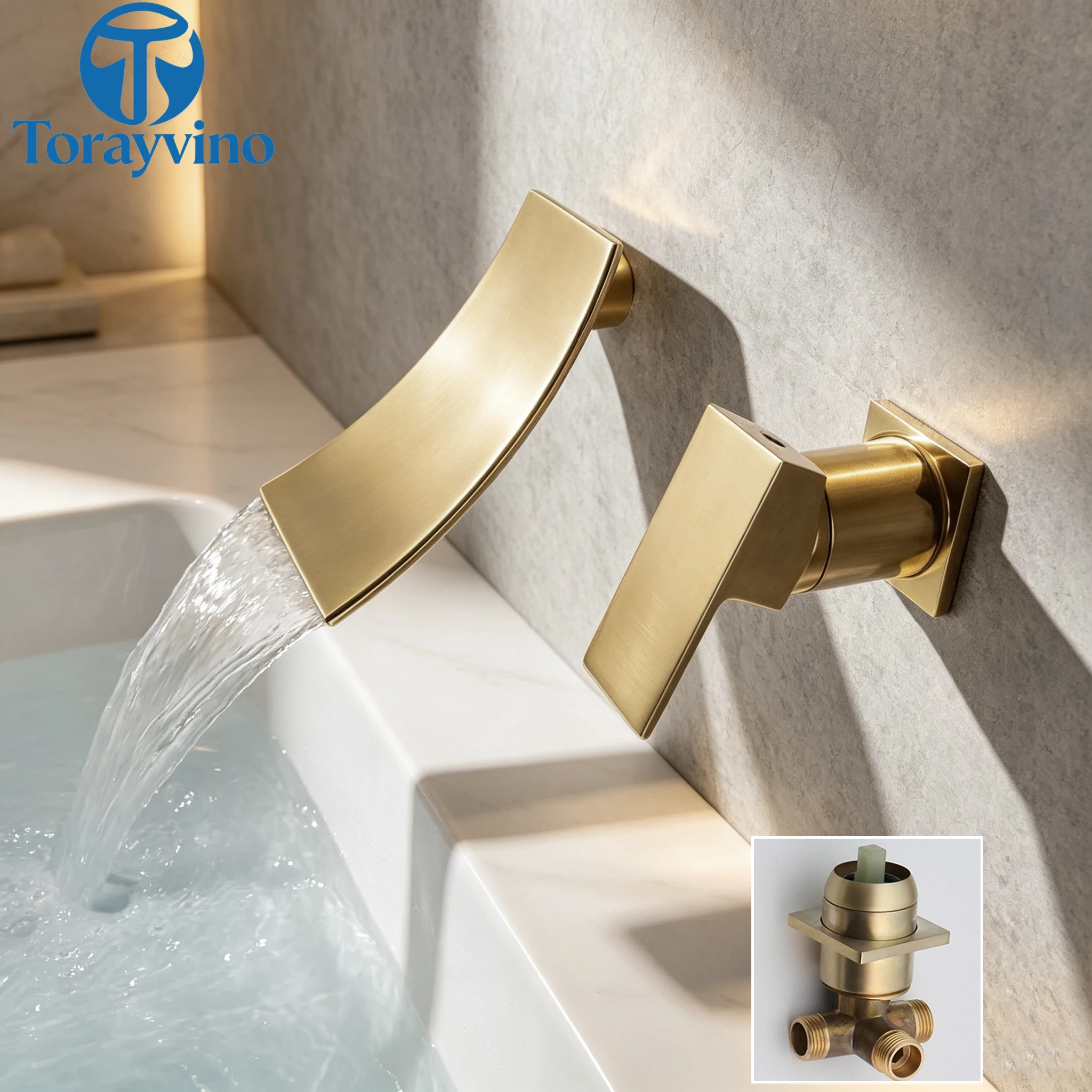 Torayvino Bathroom Black Sink Faucet Wall Mount Waterfall Spout Bathtub Faucet Basin Shower Systerm Faucet Set Bath Mixer Tap