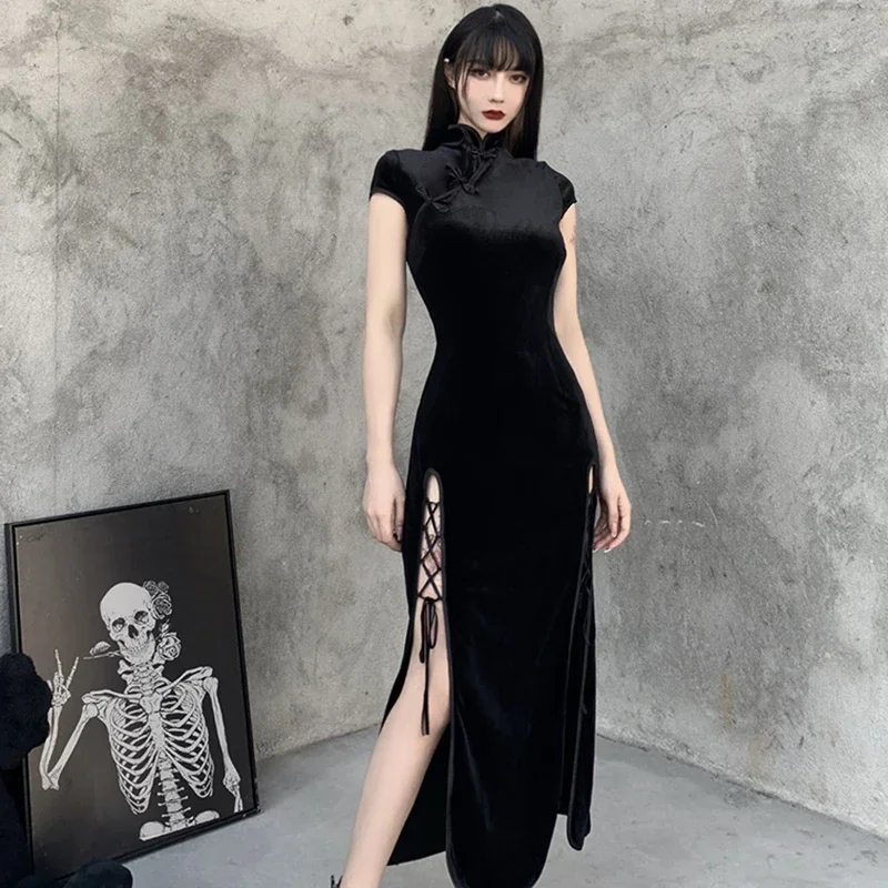 

2024 Vintage Black Bandage Chinese Style Cheongsam High Split Velvet Dress Spring Retro Long Qipao Gothic Women Aesthetic Dress