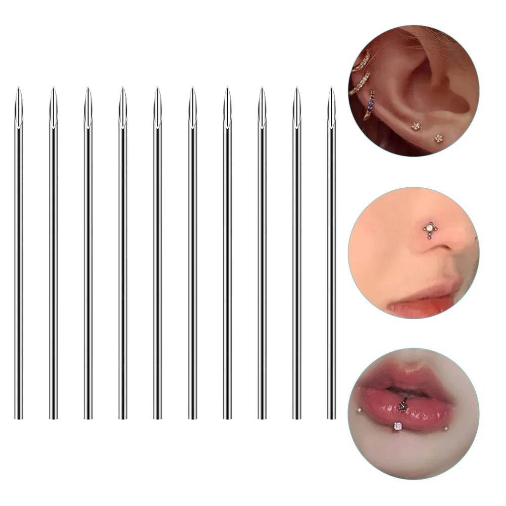 10 Pcs Stainless Steel Body Piercing Needles Ear Nose Tongue Lip Umbilical Sponge Tip Cylindrical Inclined Easy