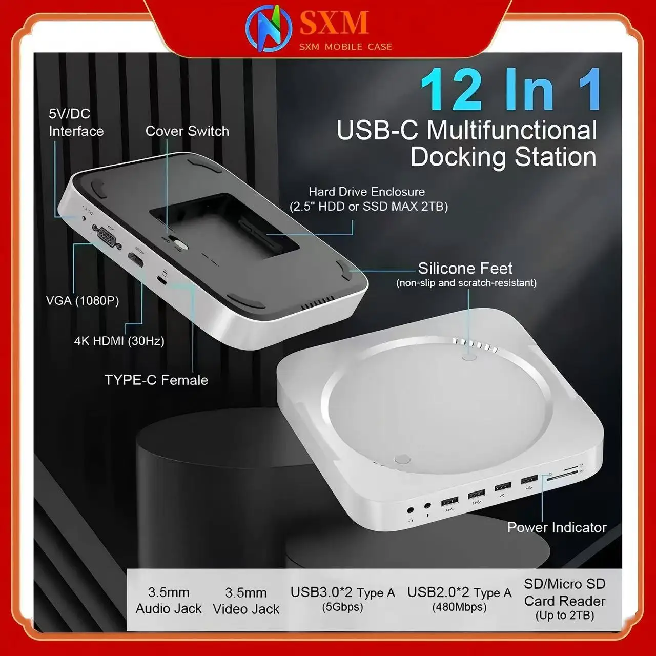 

HDMI AUDIO, считыватель SD/TF, питание от постоянного тока, мини-док-станция Mac, USB-концентратор, встроенный съемный корпус жесткого диска