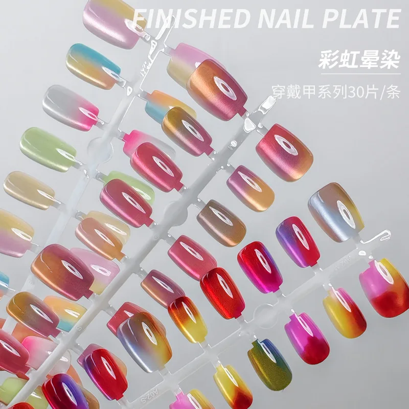 30 Stück handgemachte Gradient-Katzenaugen-Press-On-Kunstnägel, mittelkurze Nagelspitzen, beliebtes Design, Blumendekoration, vollständige Abdeckung