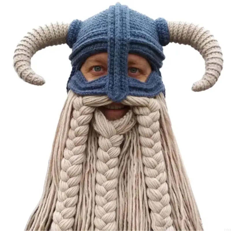 

P88A Crocheted Large Beard Horns Mask Hat Handmade Horn Hat Thermal Male Female Couple Winter for Holiday Birthday Gifts