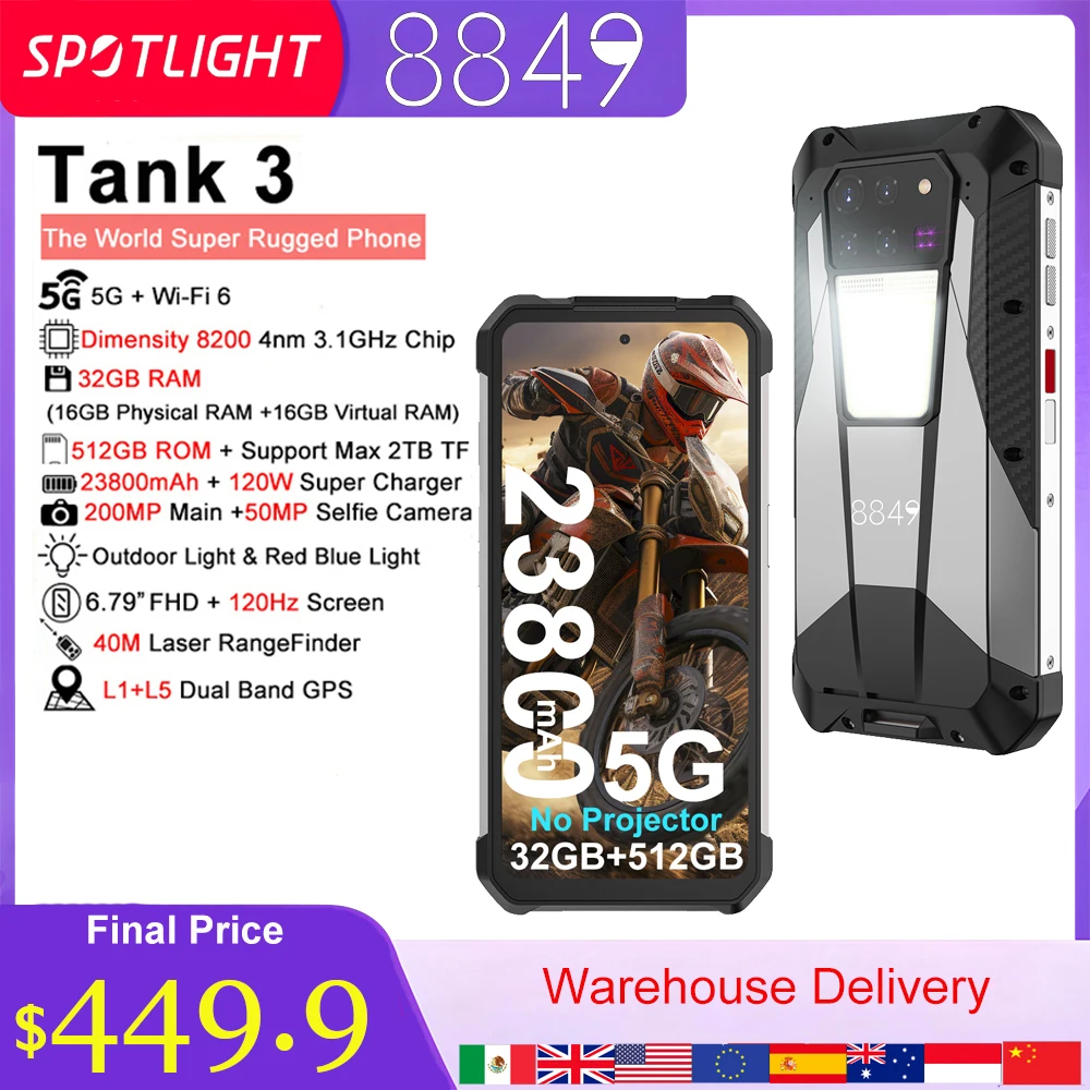 

8849 Tank 3 Rugged Smartphone 32GB 512GB 23800mAh 120W Charger Dimensity 8200 5G Cell Phone 200MP 120Hz Led Light Mobile Phone