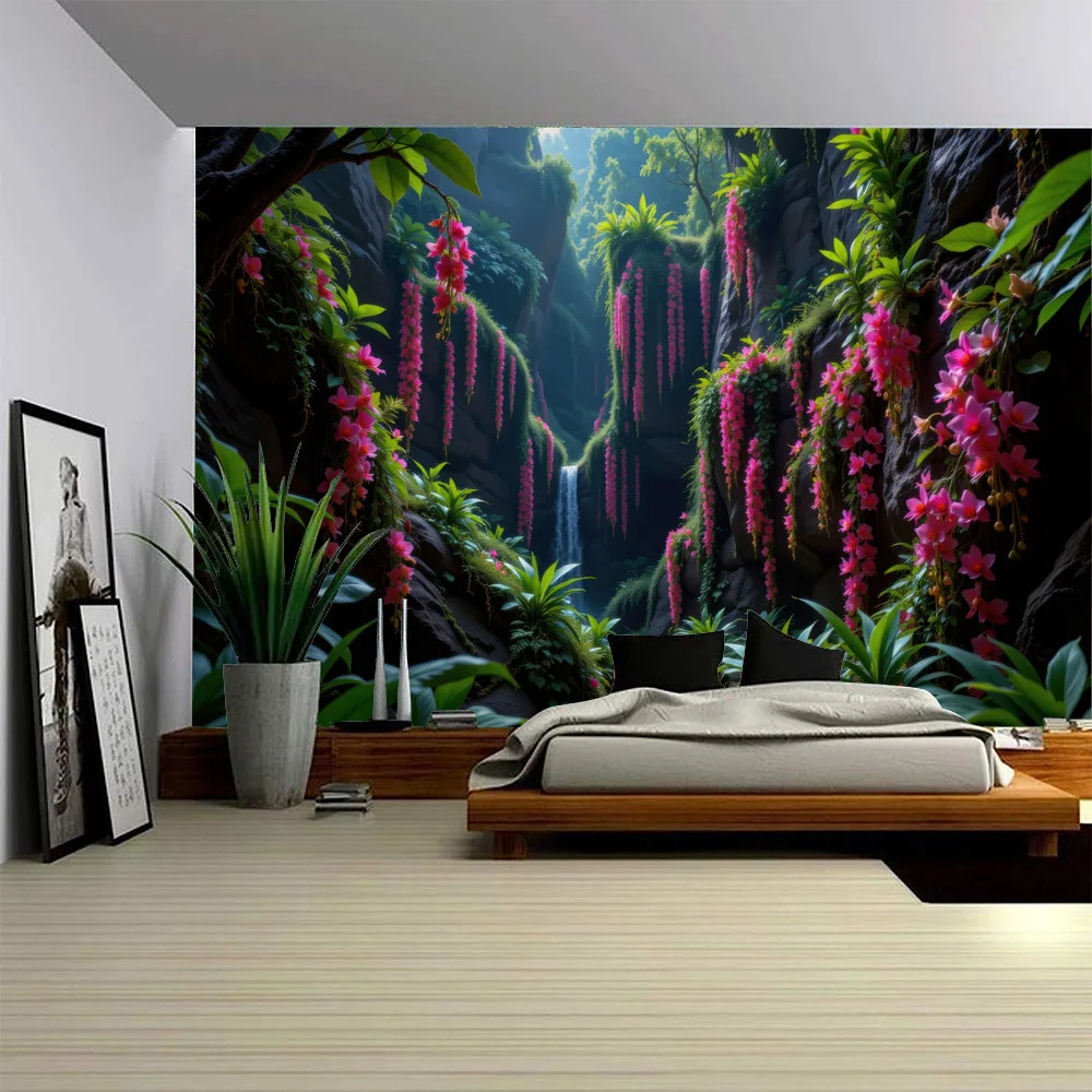 

Jungle Flower Tapestry Green Tree Wall Background Cloth Bedroom Aesthetics Forest Stream Landscape Large Tapestry Wall Hanging