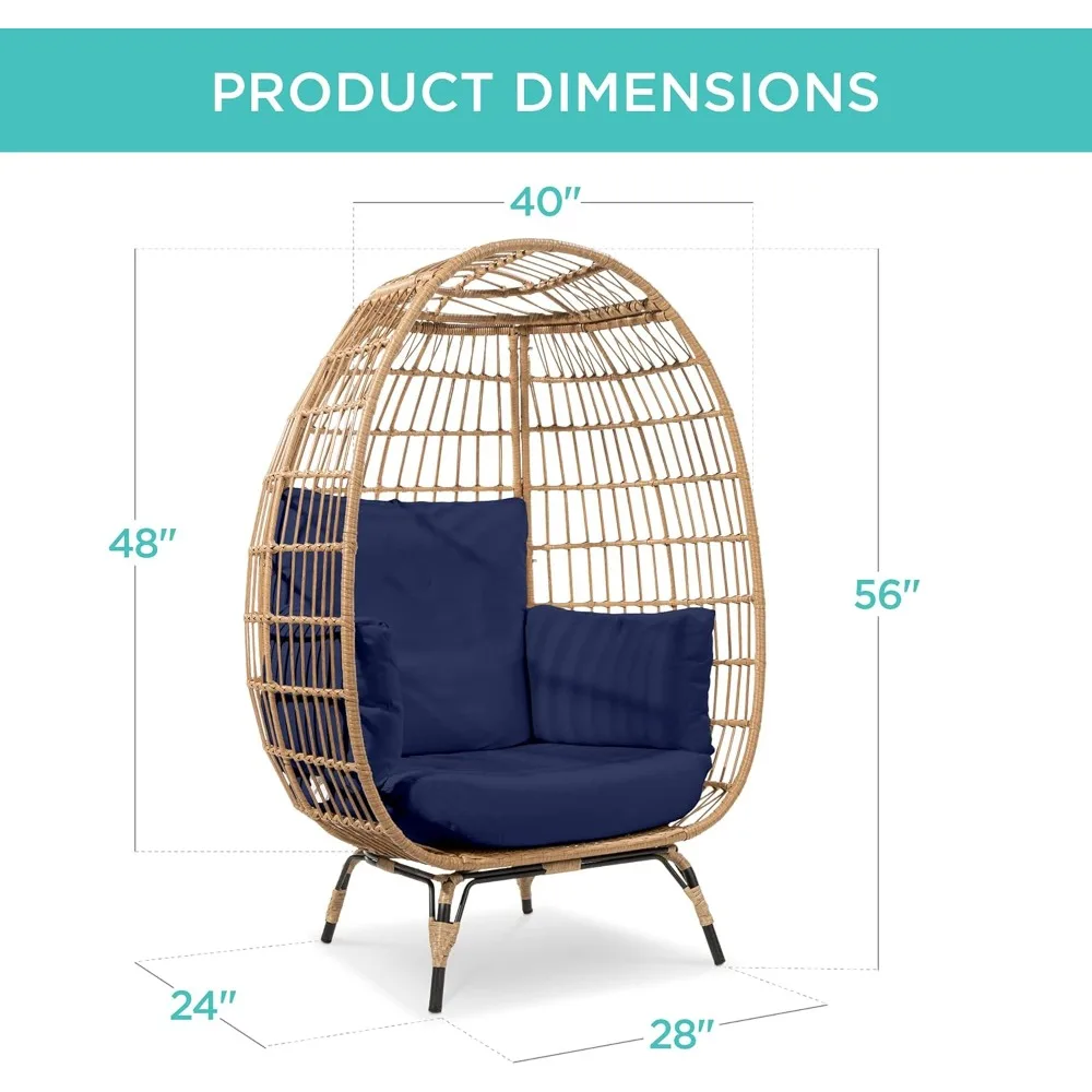 Cadeira de ovo de vime, espreguiçadeira interna externa de grandes dimensões para pátio, quintal, sala de estar com 4 almofadas, estrutura de aço, capacidade de 440 lb