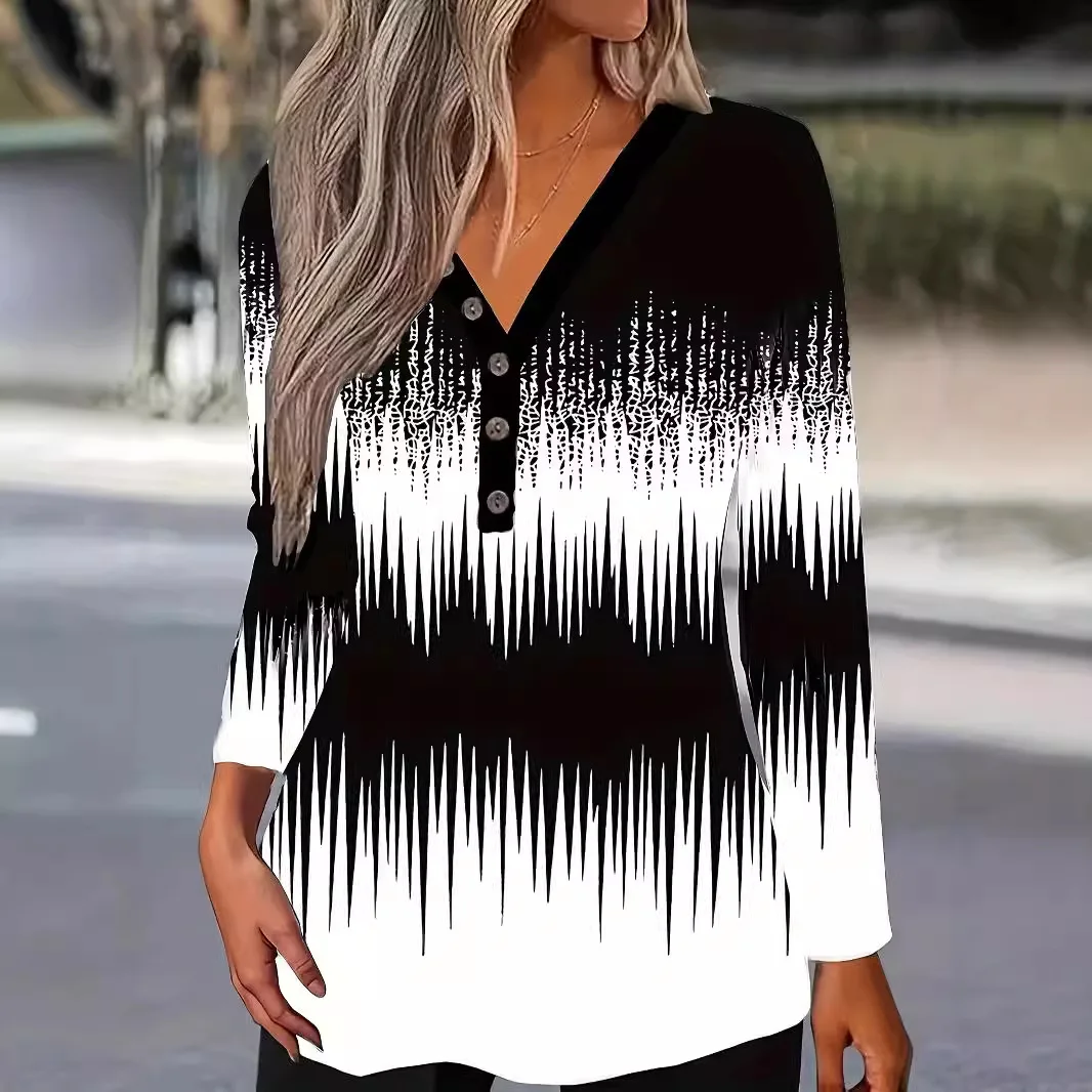 

2025 Spring Autumn V-neck T-shirt for Female Fashion Casual Color-blocking Printed Casual Long-sleeved Women's Top
