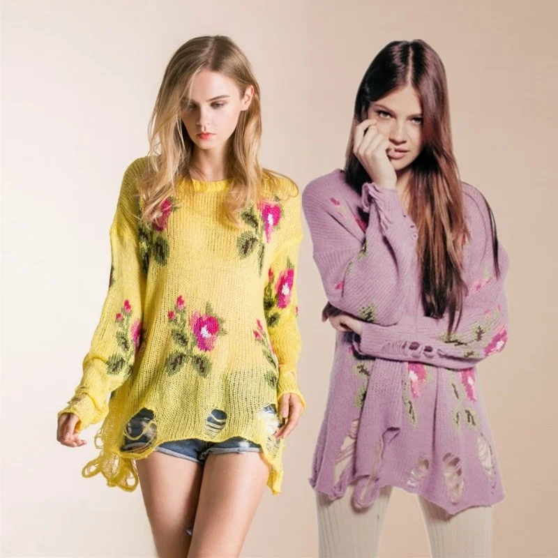 

Spring Autumn New Style Thin Rose Knitted Sweater Cashmere Hole Personality Breakthrough Sweater Street Style Loose Fit Soft