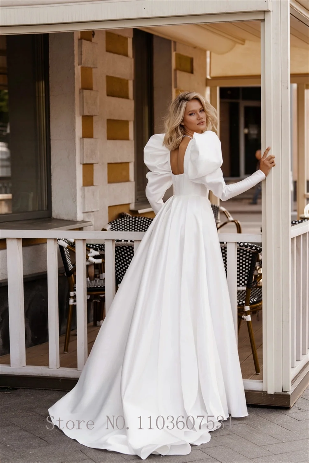 Vestido de casamento acetinado com colarinho quadrado para mulheres, manga longa, split lateral a linha, vestido de corte