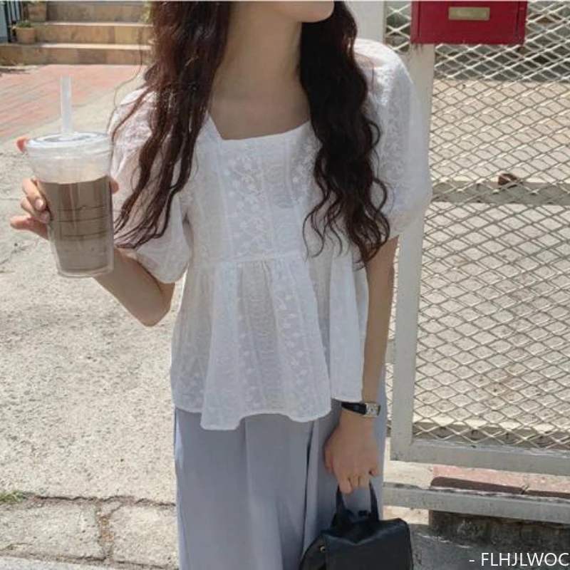 Square Neck Cotton Blends Tops Summer 2023 New Women Chic Japan Girls Preppy Style Date Belly White Lace Shirts Blouses