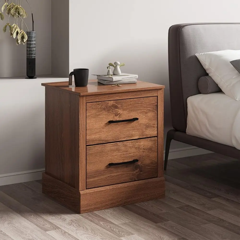 Farmhouse Nightstand Set of 2, Wood Bedside Table with 2 Storage Drawers, Compact Floor Night Stand, Walnut Accent Sofa Side Tab - view 2