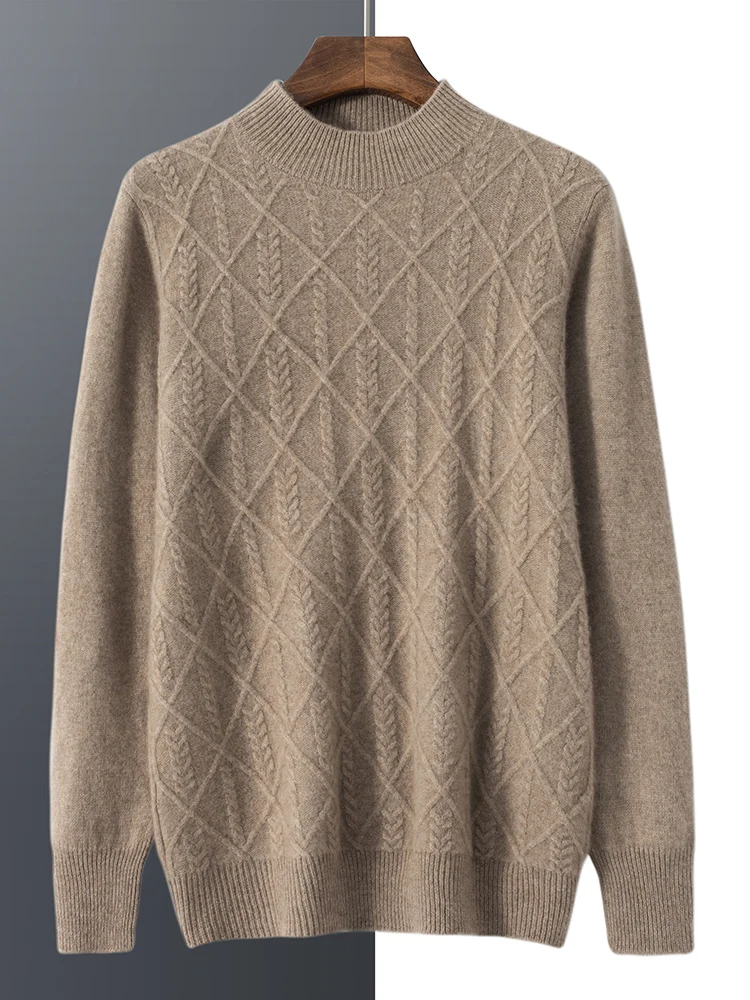 

Мужской свитер из 100% кашемира с ромбовидной сеткой, маленький витой цветок, пуловер с воротником-стойкой, осень-зима, плотный элегантный повседневный трикотаж, топы