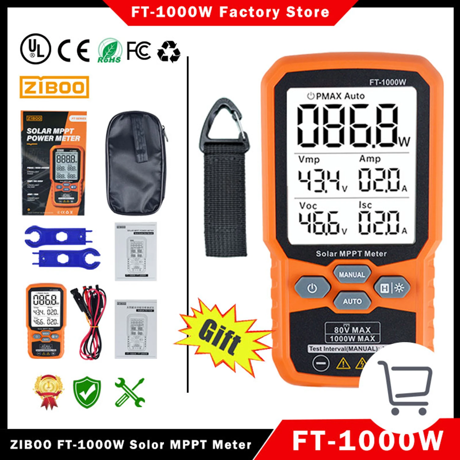 ZIBOO FT-1000W Solar MPPT Meter Photovoltaic Multimeter,PV Module MAX Power Tester,Open Circuit Voltage Short Circuit Current