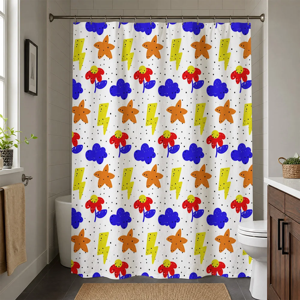 Cute Watercolor Flower Star Lightning Pattern Shower Curtain Waterproof Bathroom Liner Home Decor Accent Fun Whimsical Shower St
