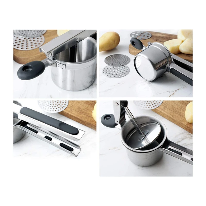 Stainless Steel Food Masher Press,With 3 Pieces Replaceable Strainer,With Peeler,For Potato Fruit Vegetable Fish Cakes