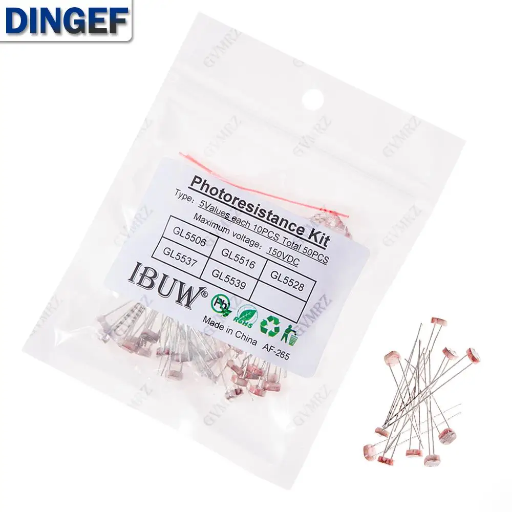 

50PCS 5Values GL5537 GL5528 GL5516 GL5506 Photoresistance Kit for Light-Sensitive Sensor & Photocontrol Circuit DIY Projects