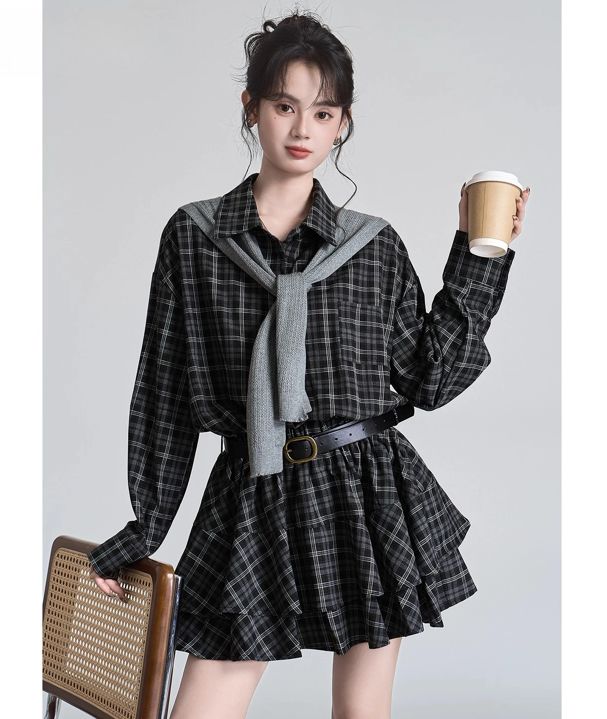 2025 Spring and Autumn Vintage Coffee Blue Gray Plaid Polo Collar Waist-Cinching Long Sleeve Shirt Short Skirt Knitted Shawl Set